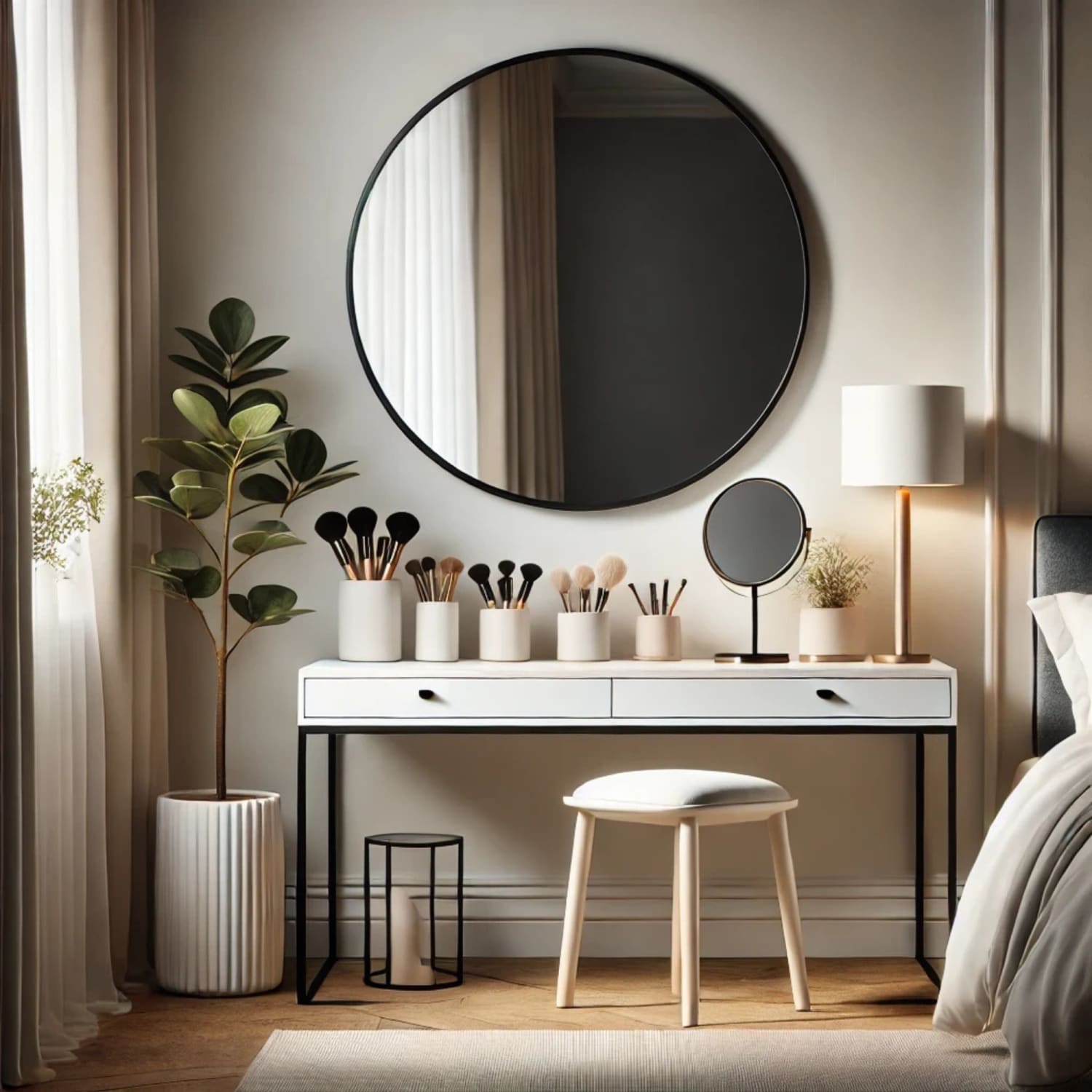 Modern white vanity table with a round black-framed mirror above it.