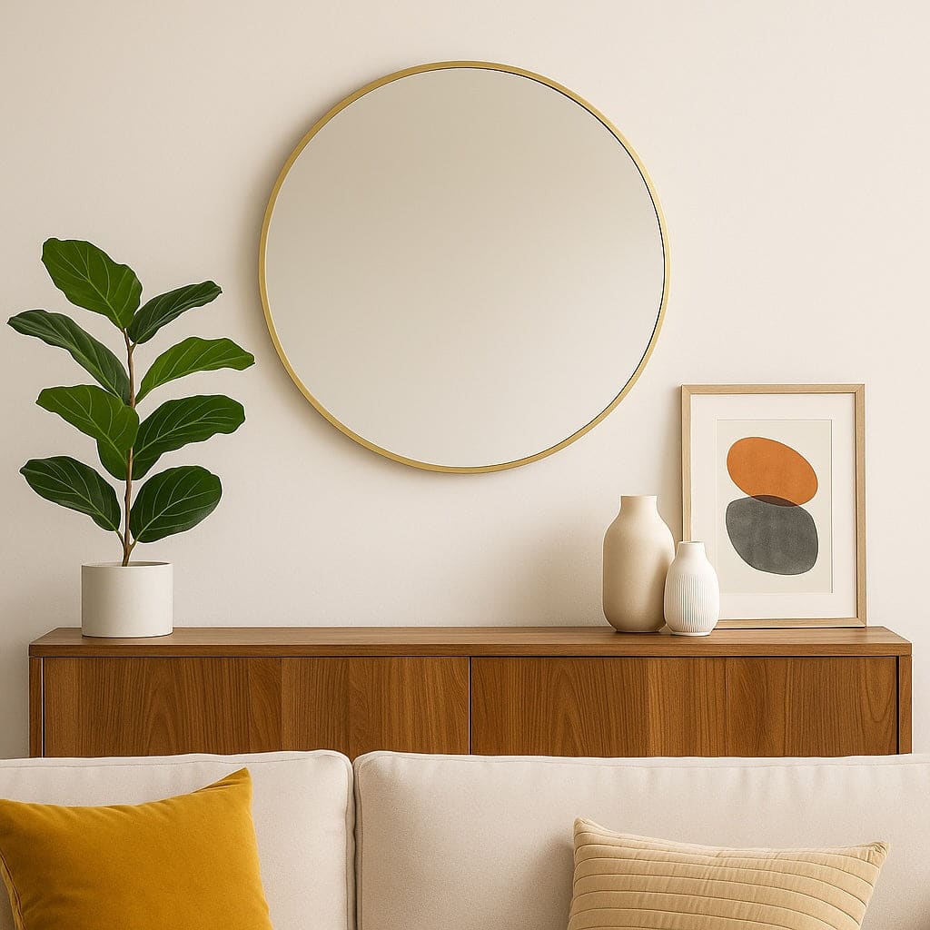 Round gold-framed wall mirror.