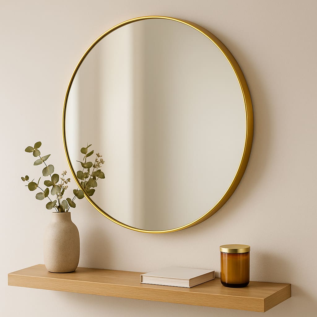 Round gold-framed wall mirror