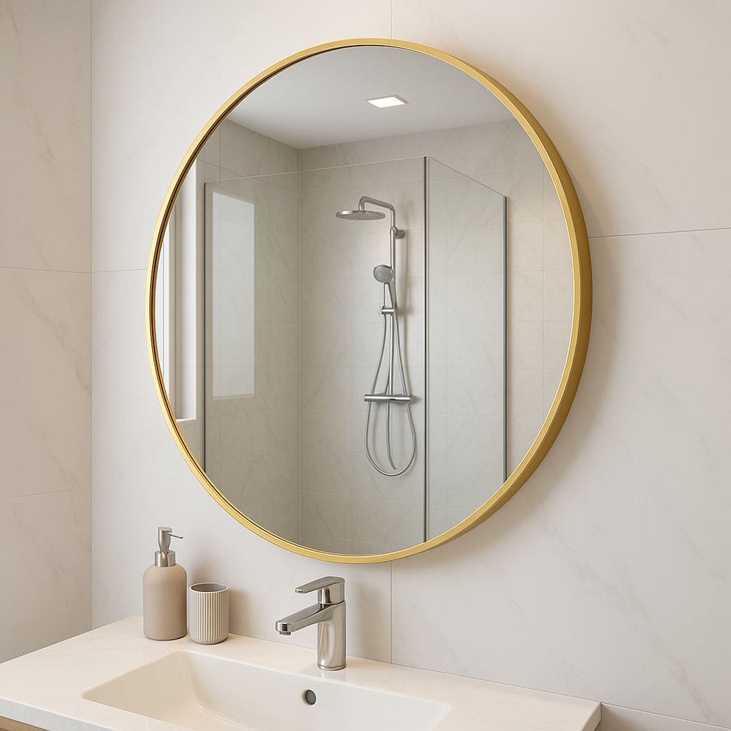 Round gold-framed bathroom mirror.
