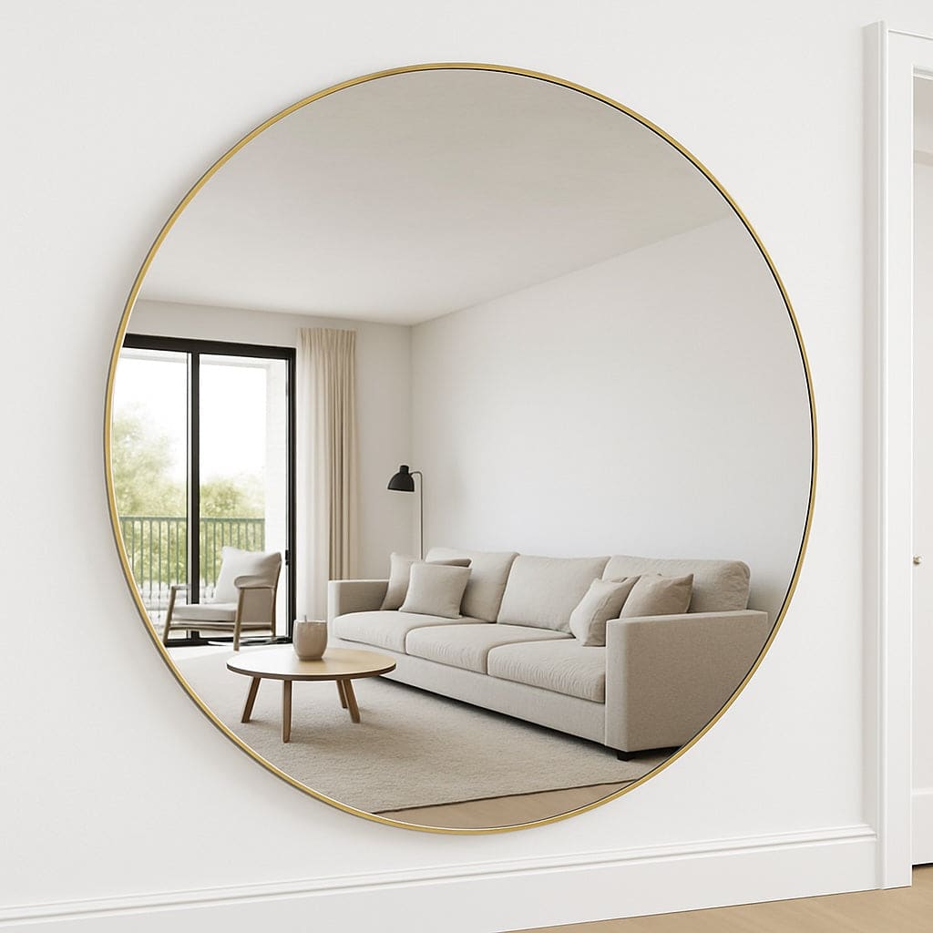 Gold-framed round wall mirror