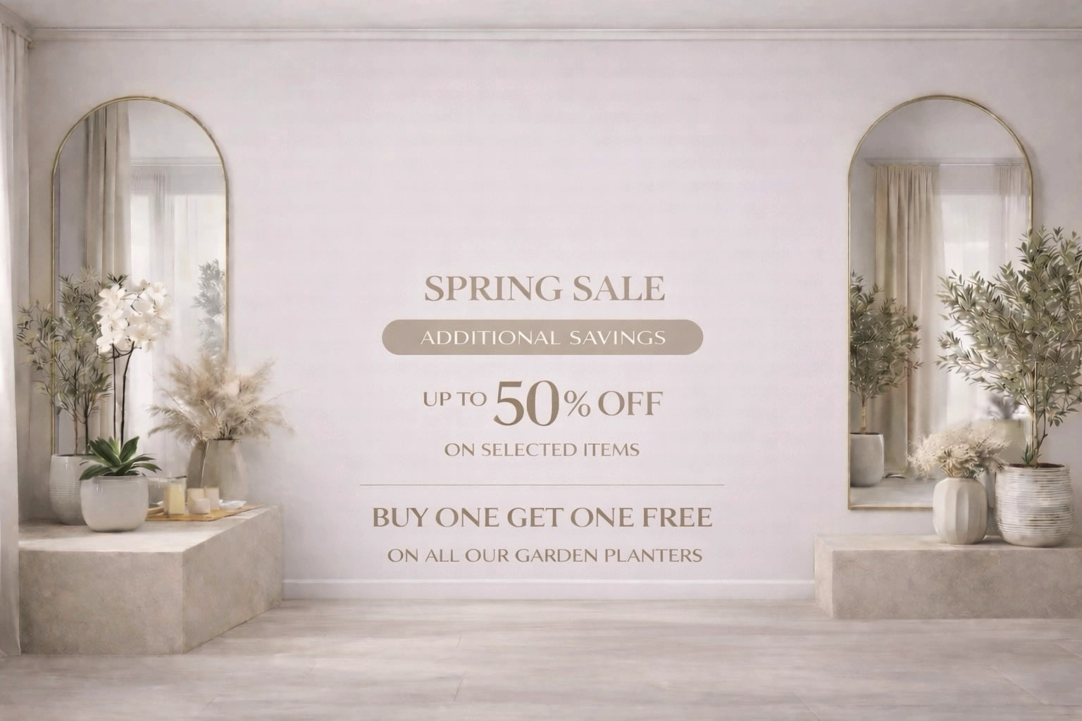 Spring sale promotional banner with beige and taupe text on a white wall.