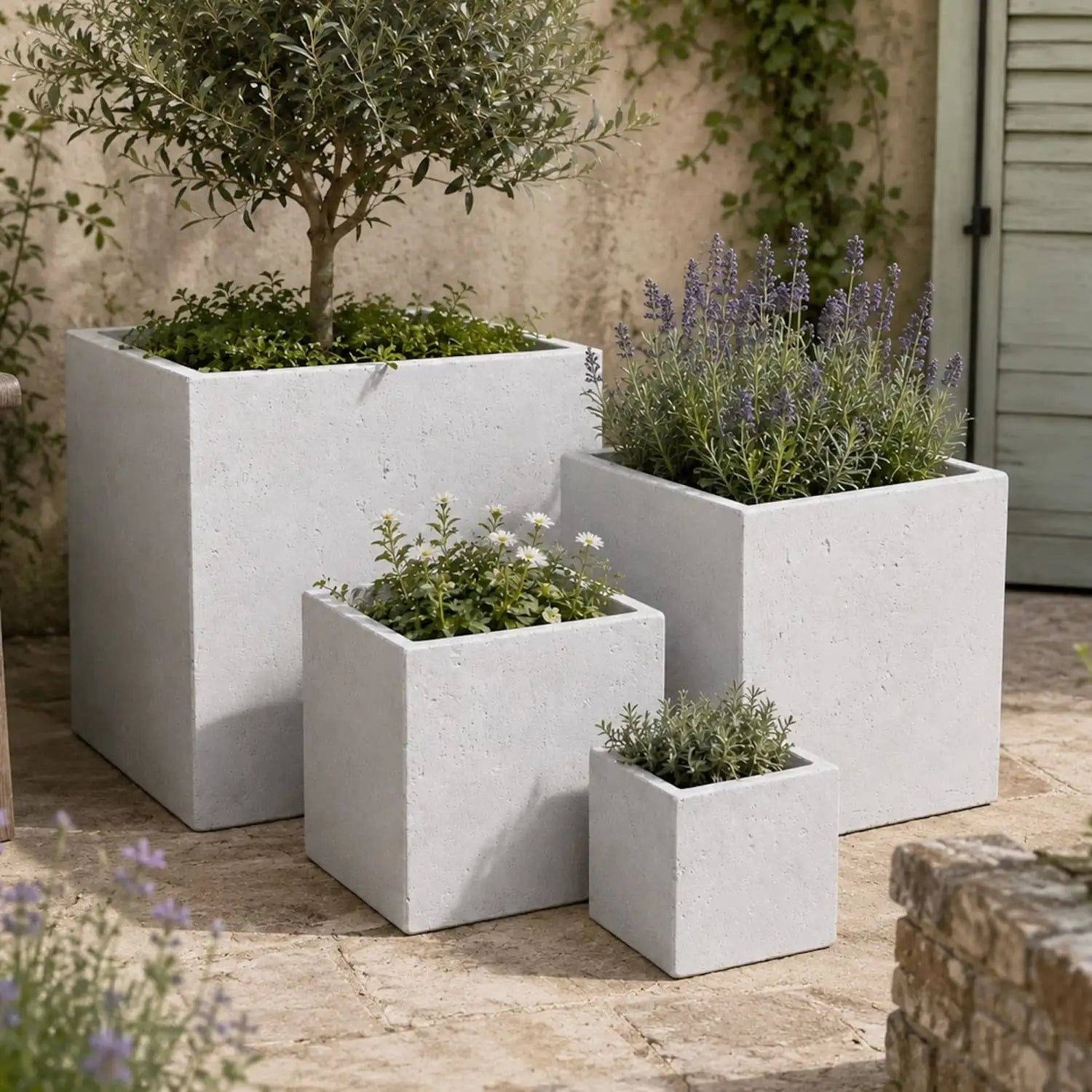 Set of three modern, matte-finish white concrete square planters in graduated sizes.