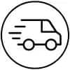 Simple line drawing of a delivery truck in motion within a circle.
