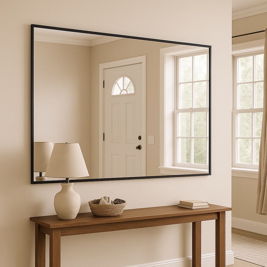 Black-framed rectangular wall mirror.