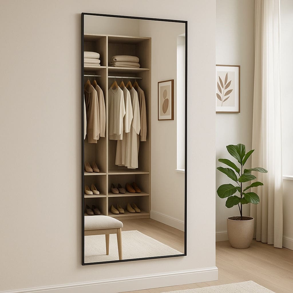 Black-framed full-length mirror leaning against a wall.