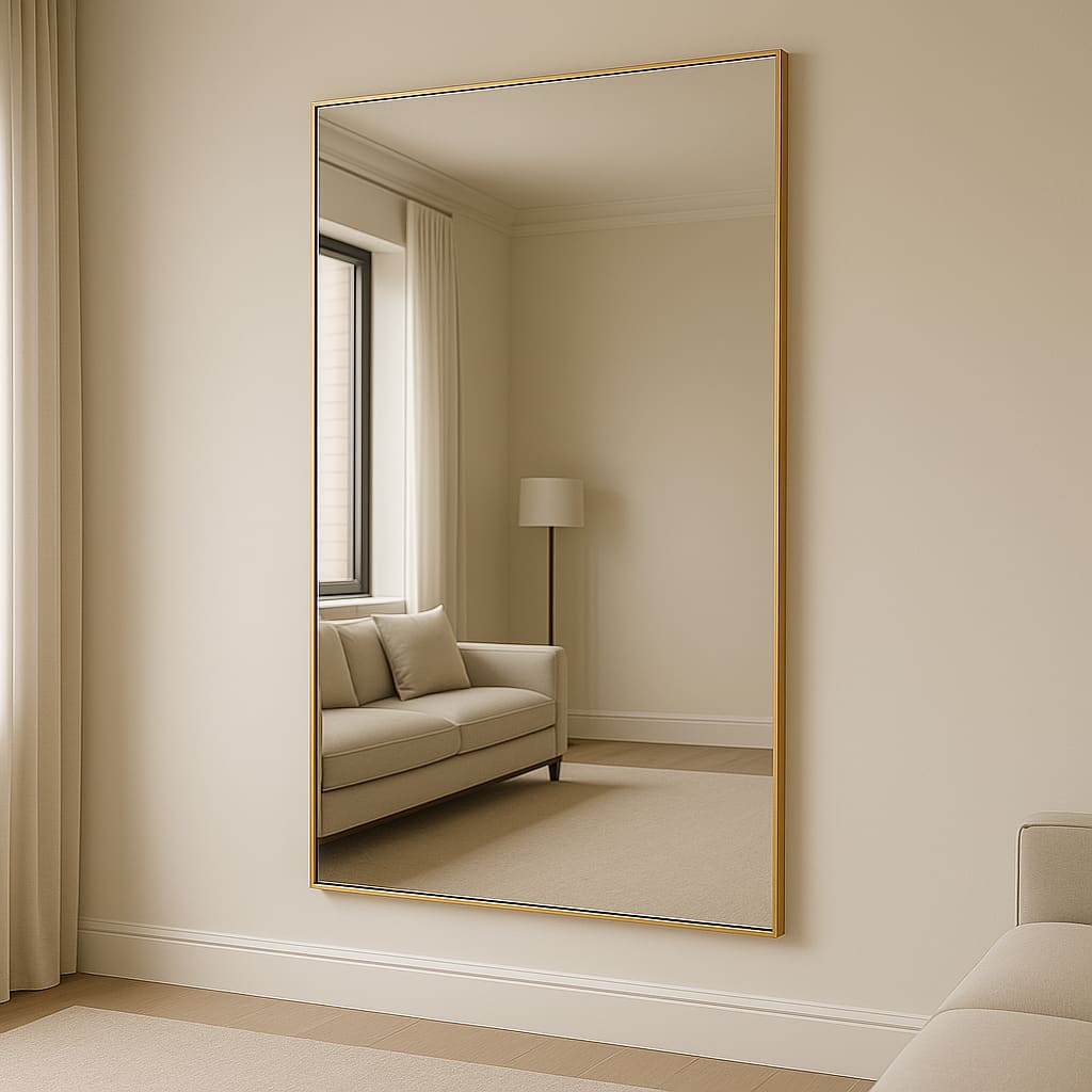 Full-length mirror with a thin gold frame.