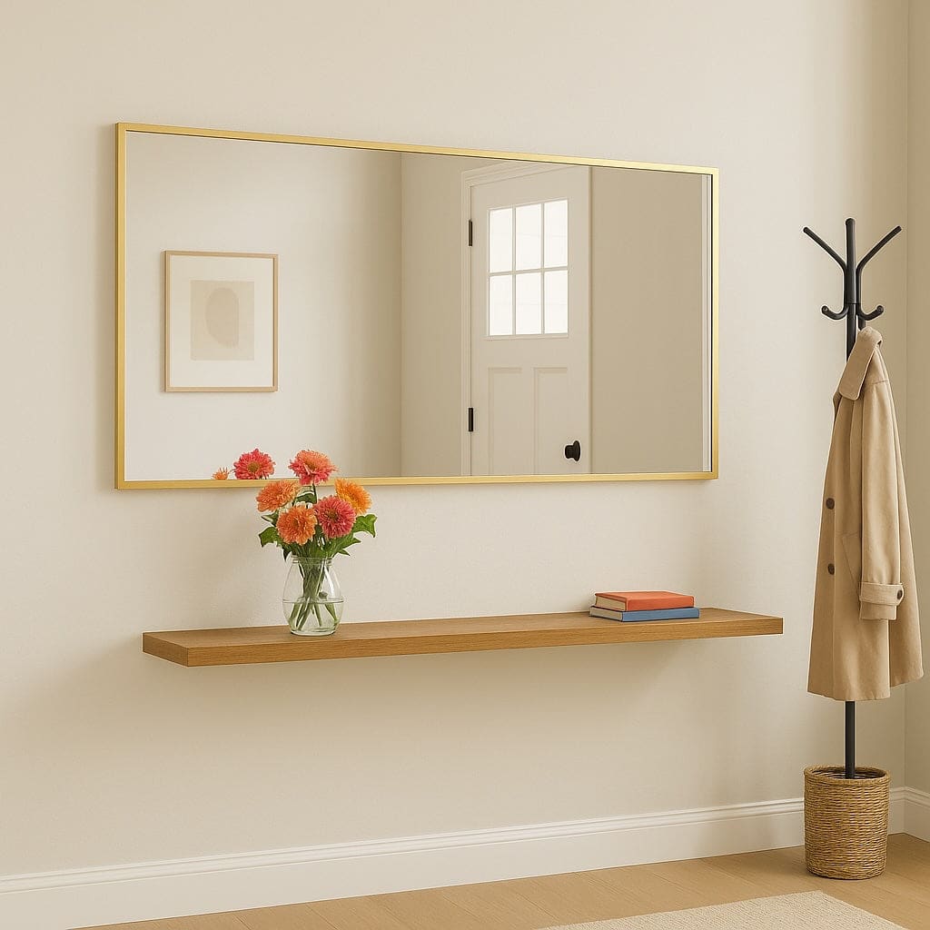 Rectangular mirror with a thin gold frame.