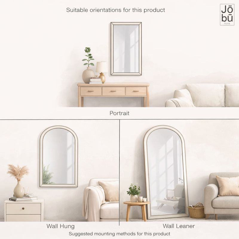 Simple line drawings showing different mounting orientations and methods for a decorative mirror.