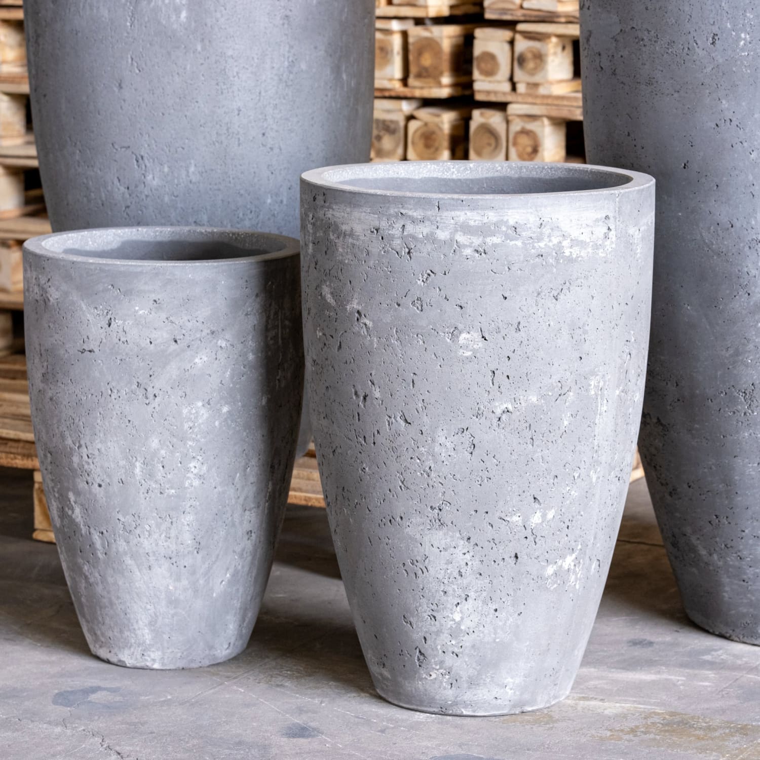 Gray textured concrete planters.