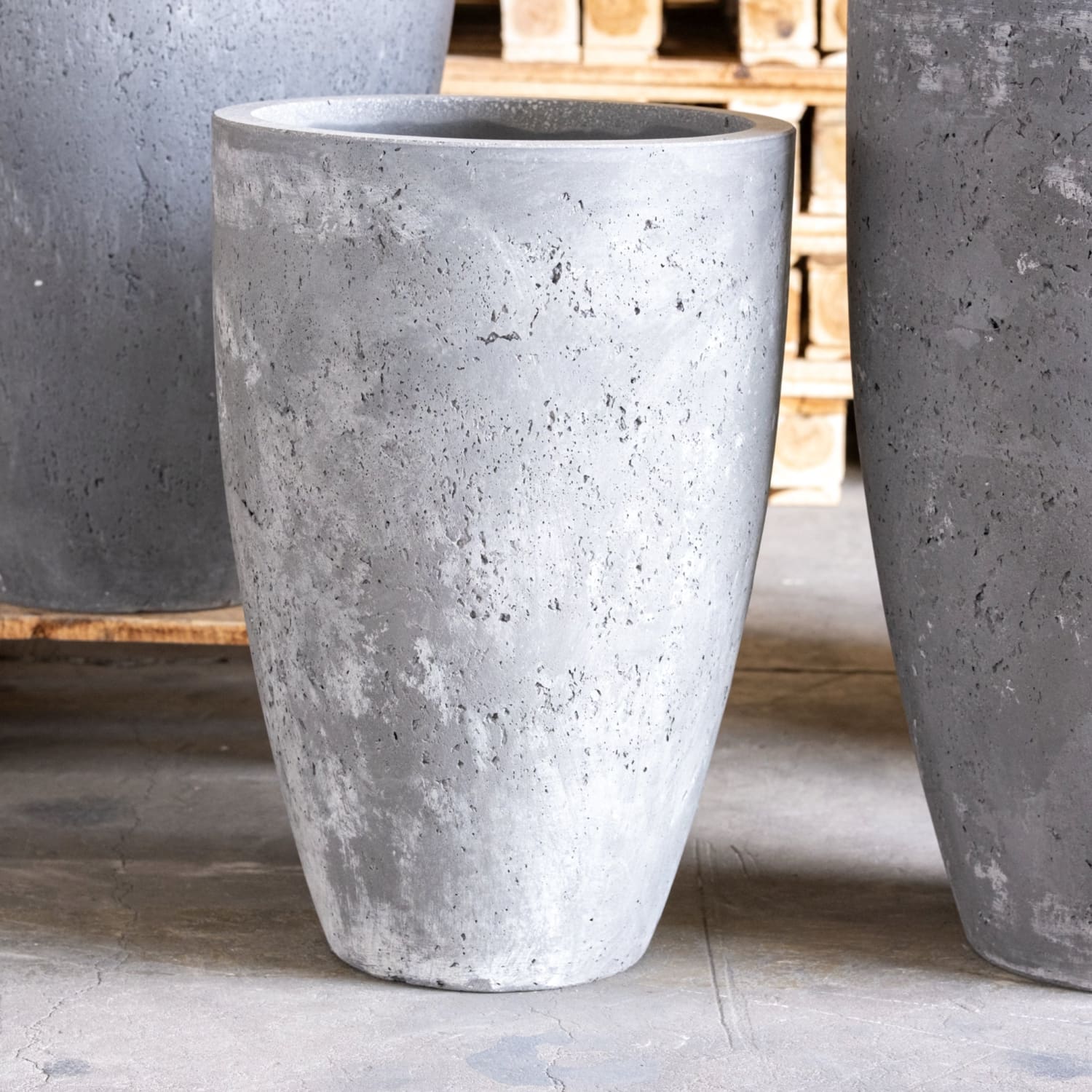 Gray textured concrete planter.
