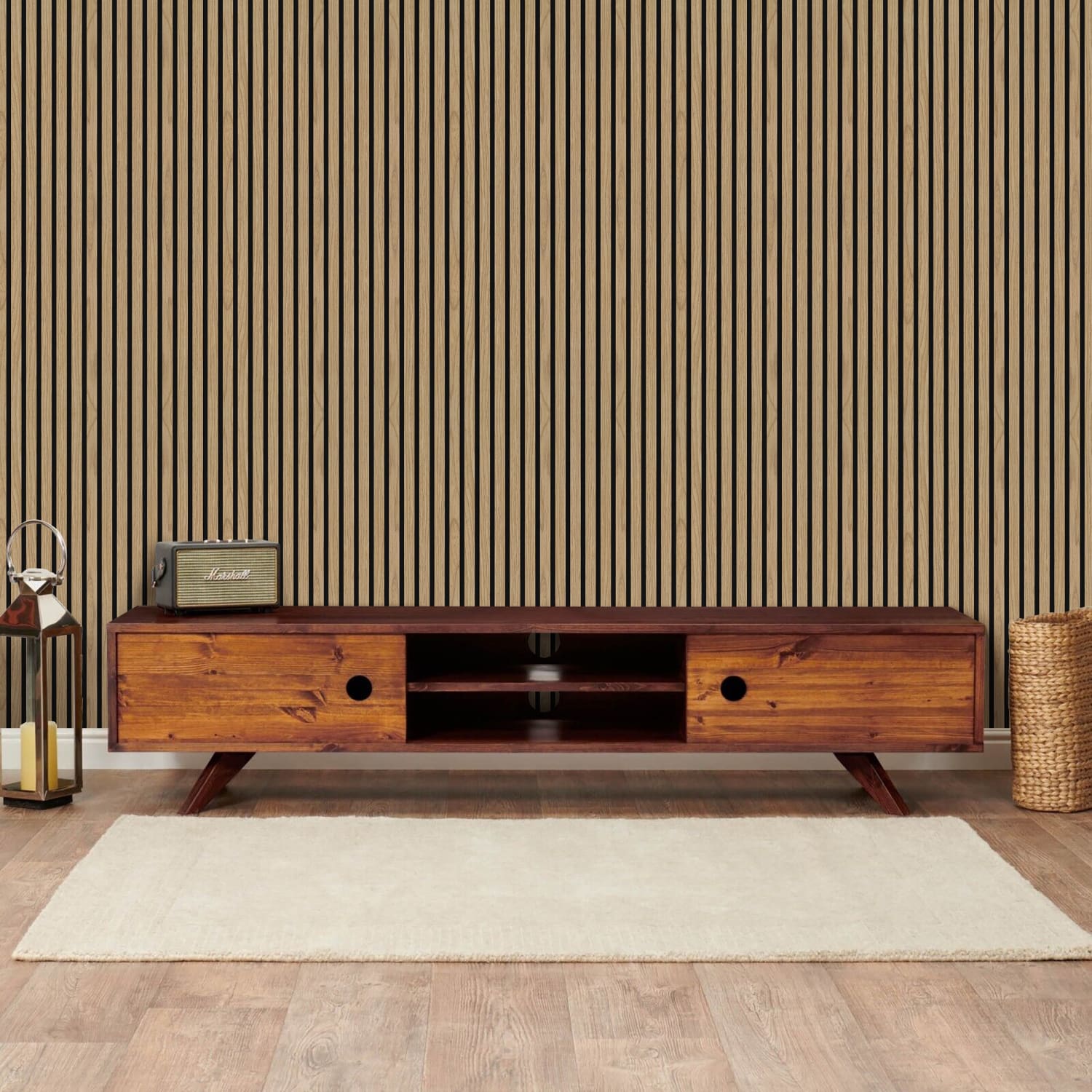 Modern wooden TV stand with sliding doors and open shelving compartments.