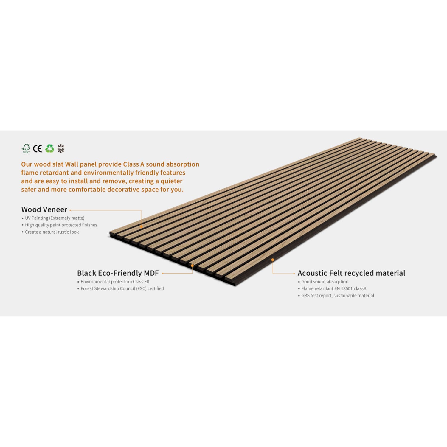 Slatted acoustic wall panel made of wood veneer, MDF, and recycled felt material.