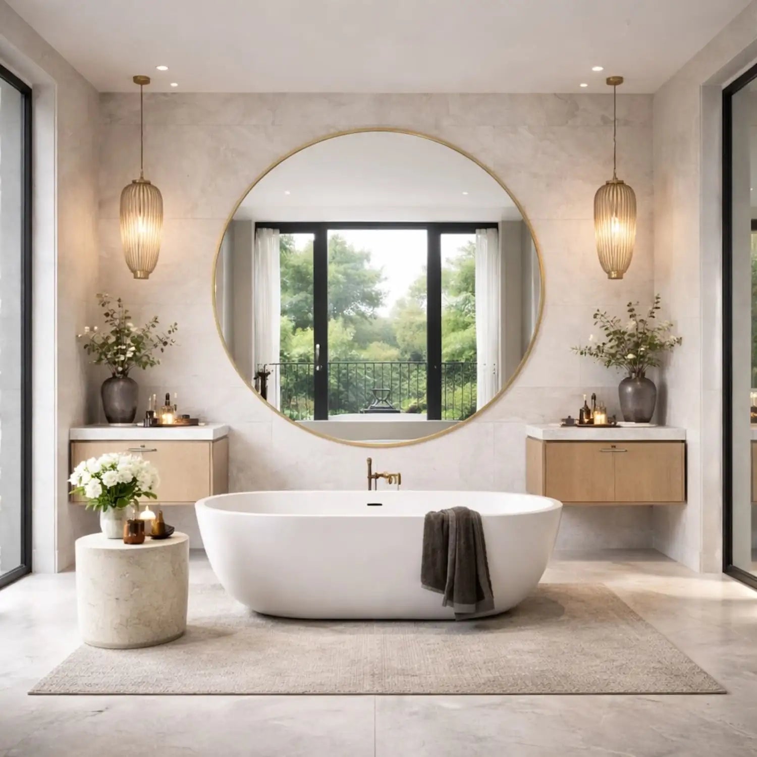 White freestanding bathtub with a gold faucet and a dark gray towel draped over its side