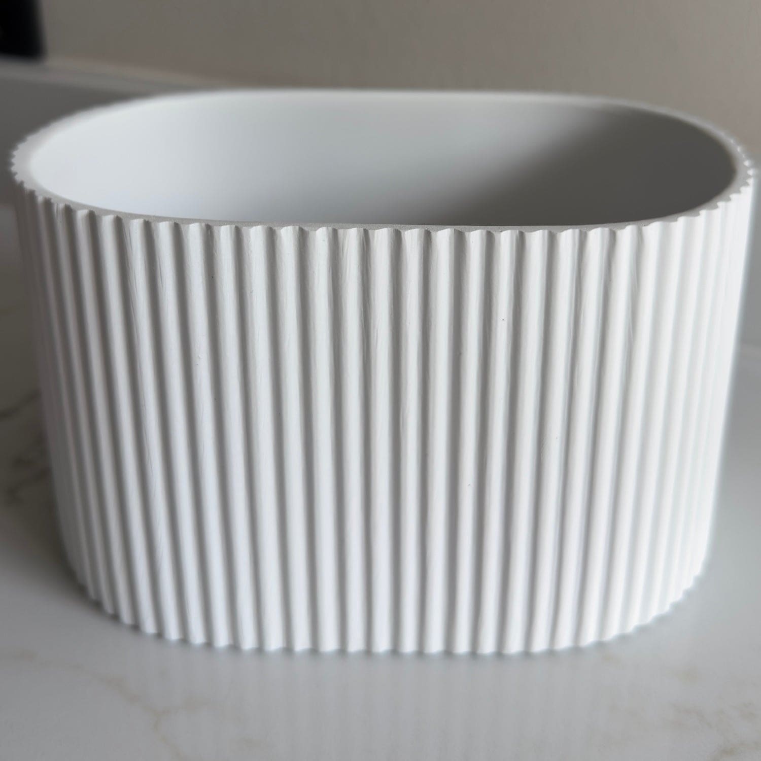 Flutini | White Fluted Oval Stone Resin Indoor Plant Pots (2 Pot Set)