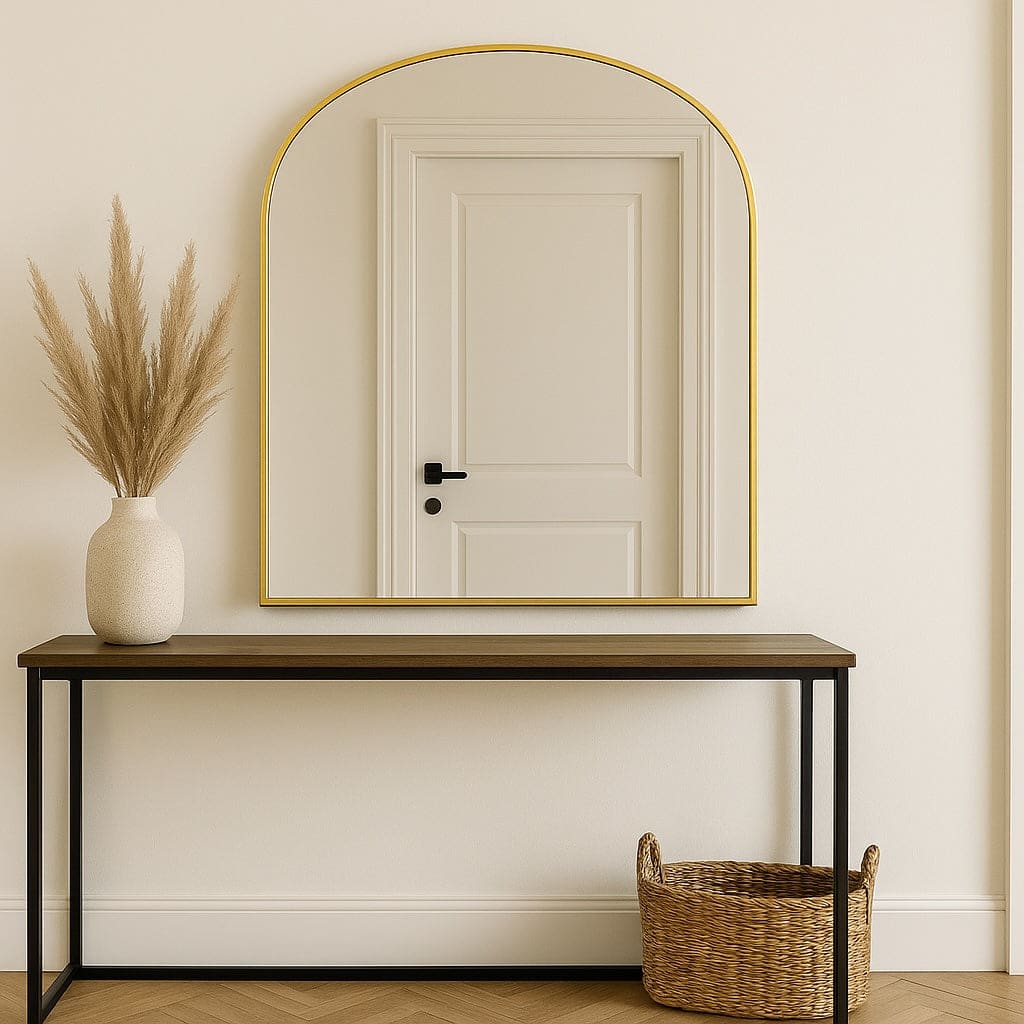 Arched gold-framed mirror over a console table.