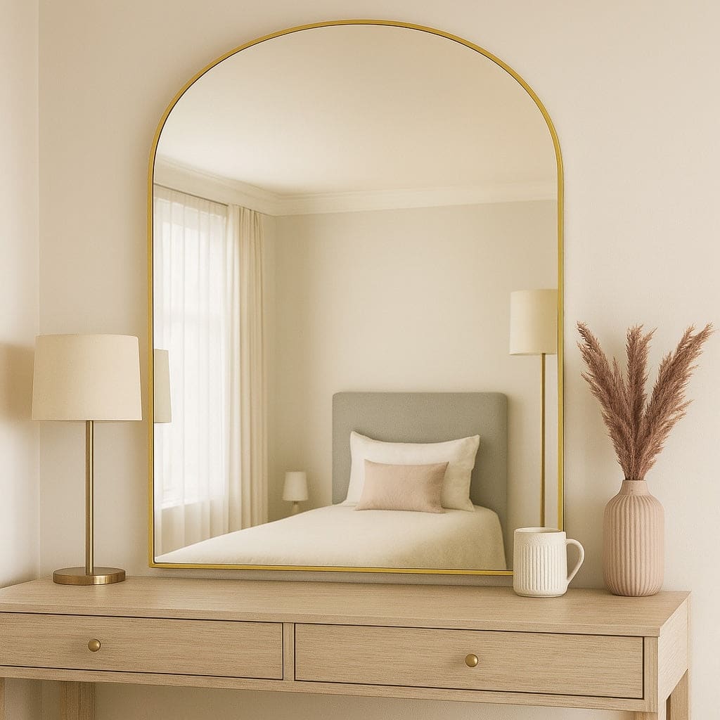 Arched gold-framed mirror.