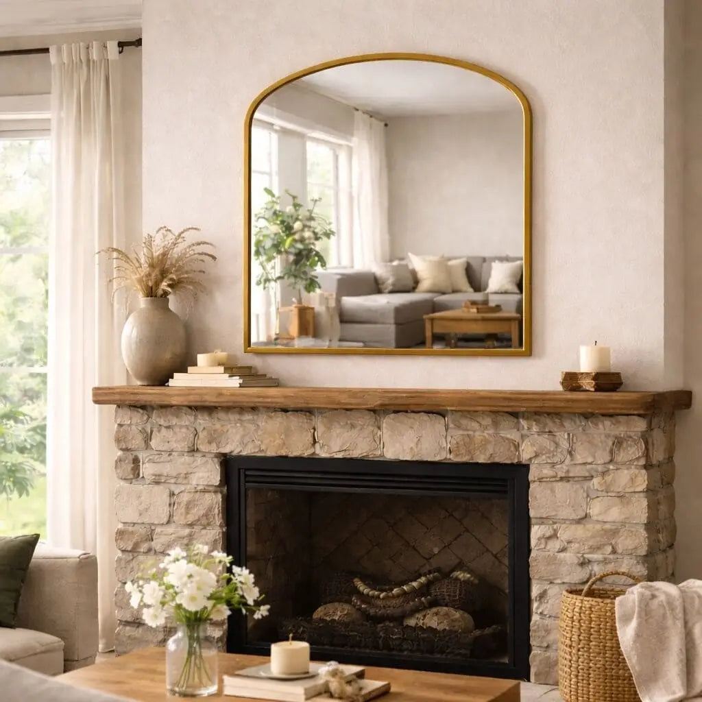 Gold arched mirror with a sleek, minimalist frame mounted above a stone fireplace mantel.