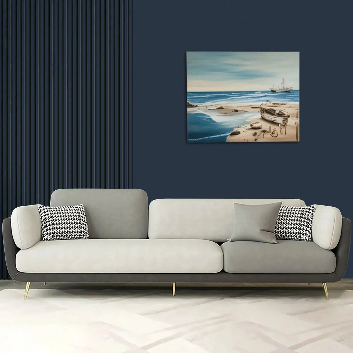 Modern gray and white sofa.