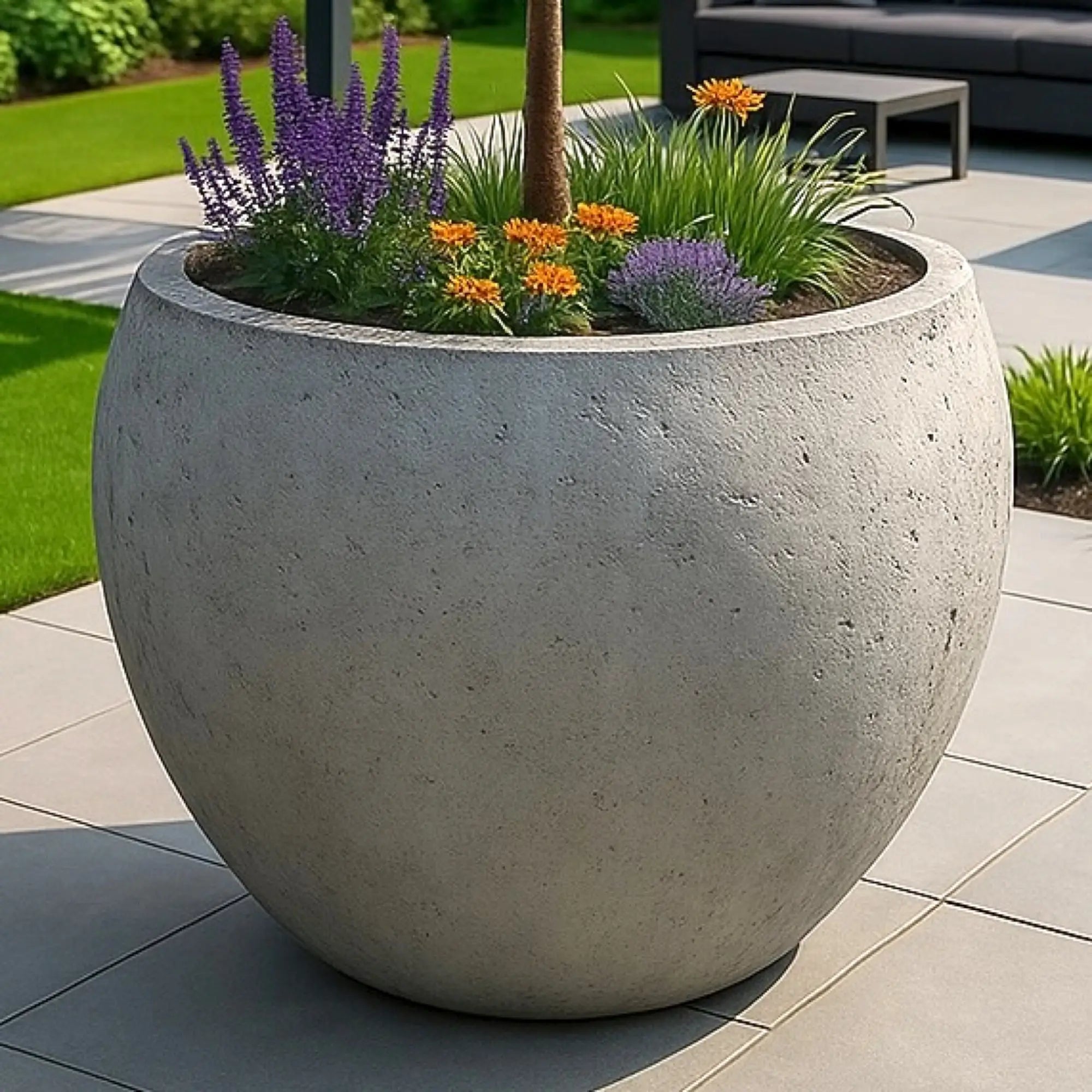 Rough-textured, light gray, spherical concrete planter.