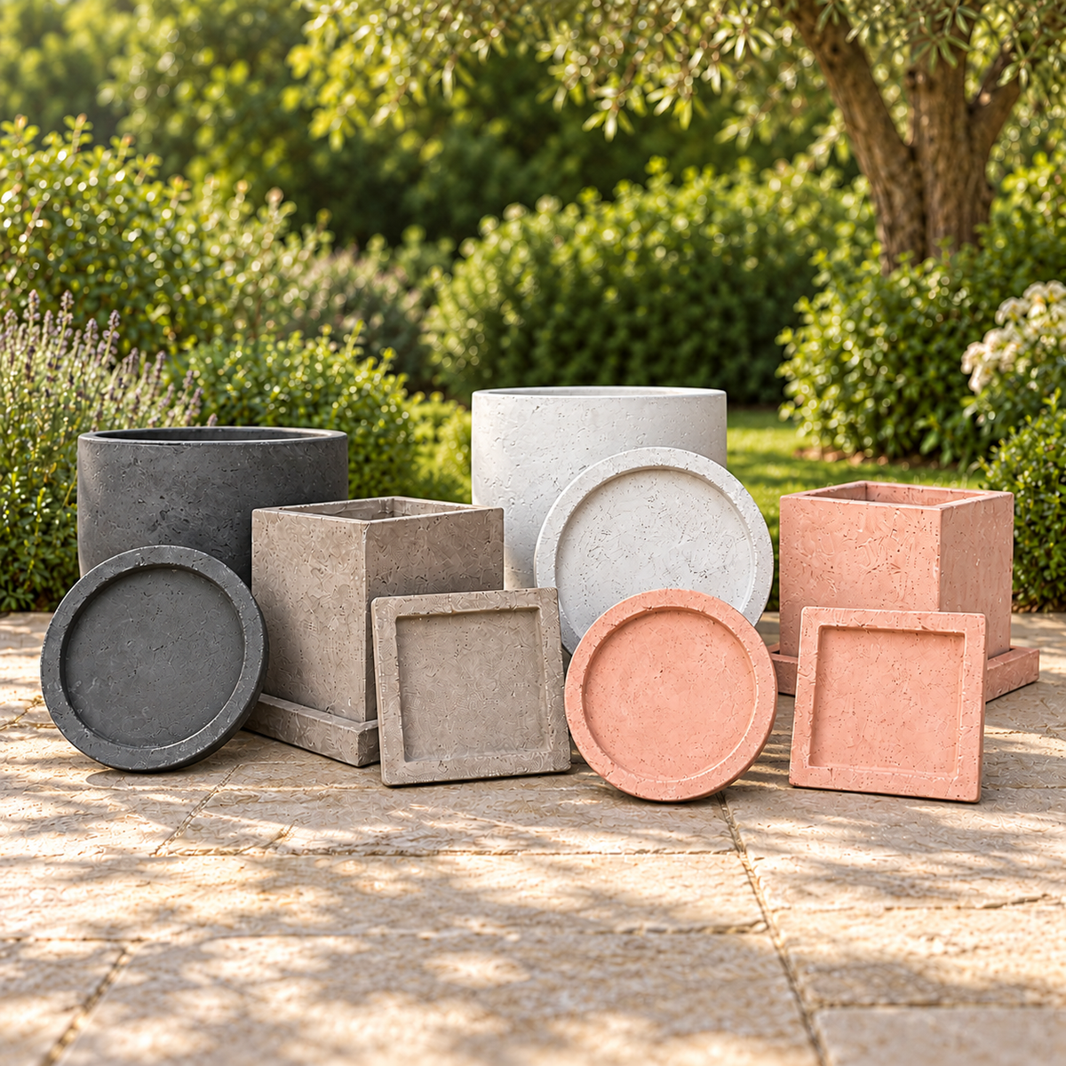 Round and square concrete pot bases in Black, Blush, Truffle and White on a garden terrace
