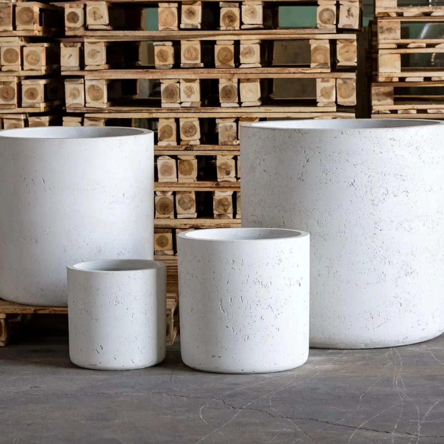Four cylindrical white concrete planters of various sizes.