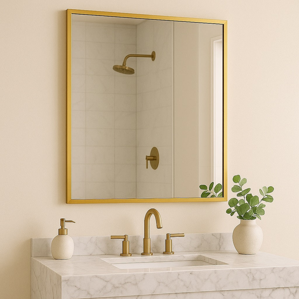 Gold rectangular bathroom mirror above a marble sink.