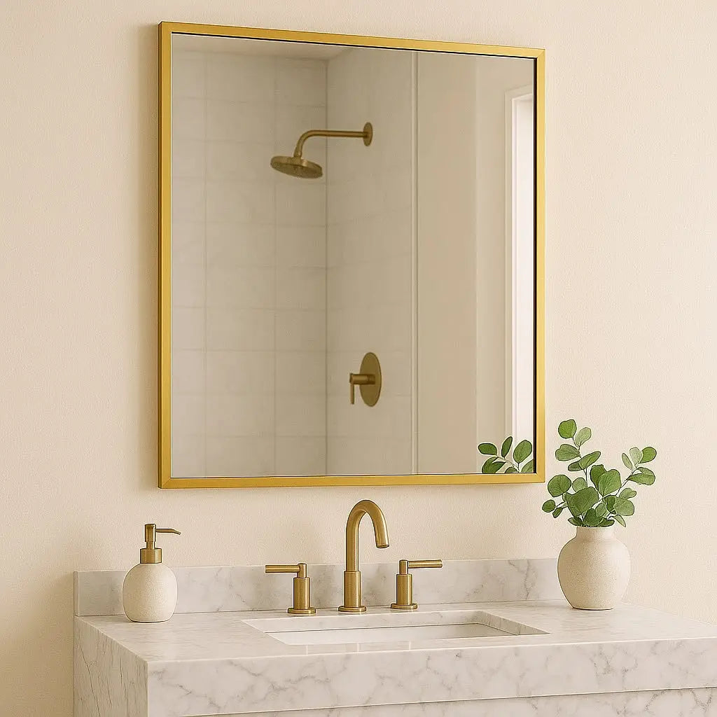 Gold rectangular bathroom mirror above a marble sink.
