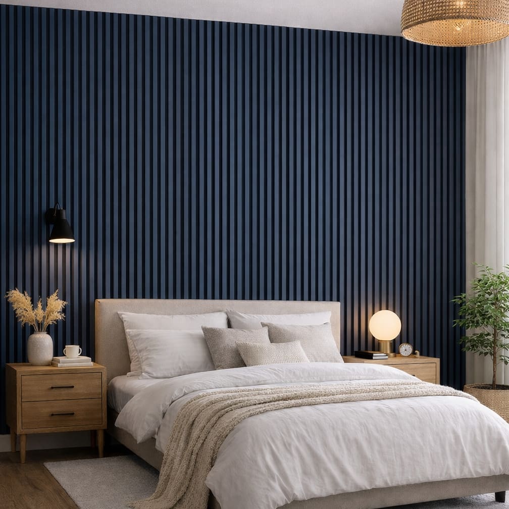Blue Maize Acoustic Wall Panels | Blue Slatted Panels with Black Felt ...