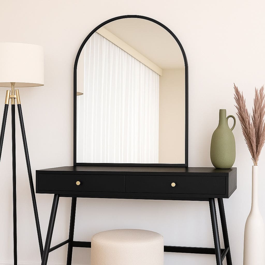 Black wooden vanity table with a tall arched mirror and two drawers, featuring gold knobs.