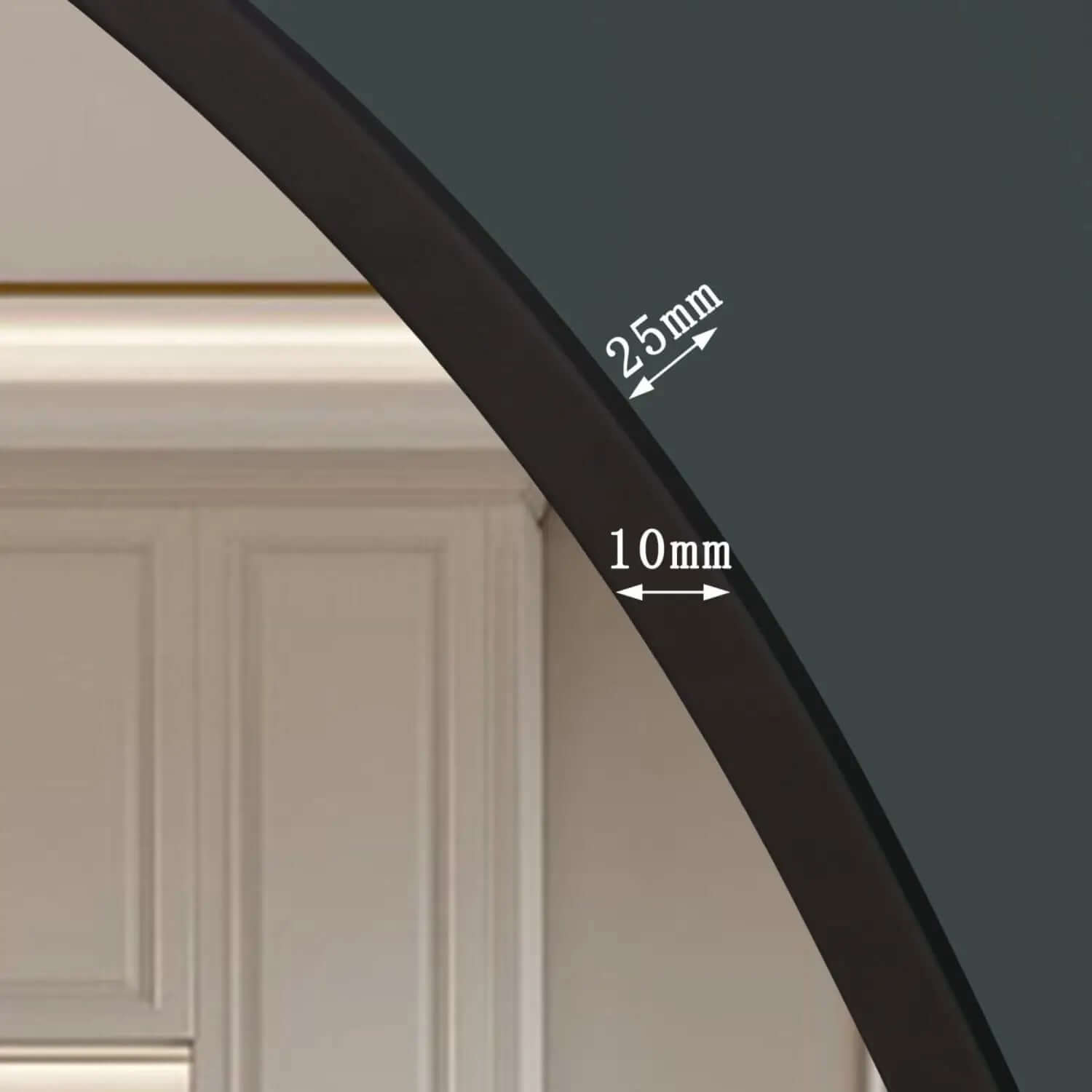 Curved black frame or molding with measurements indicated.