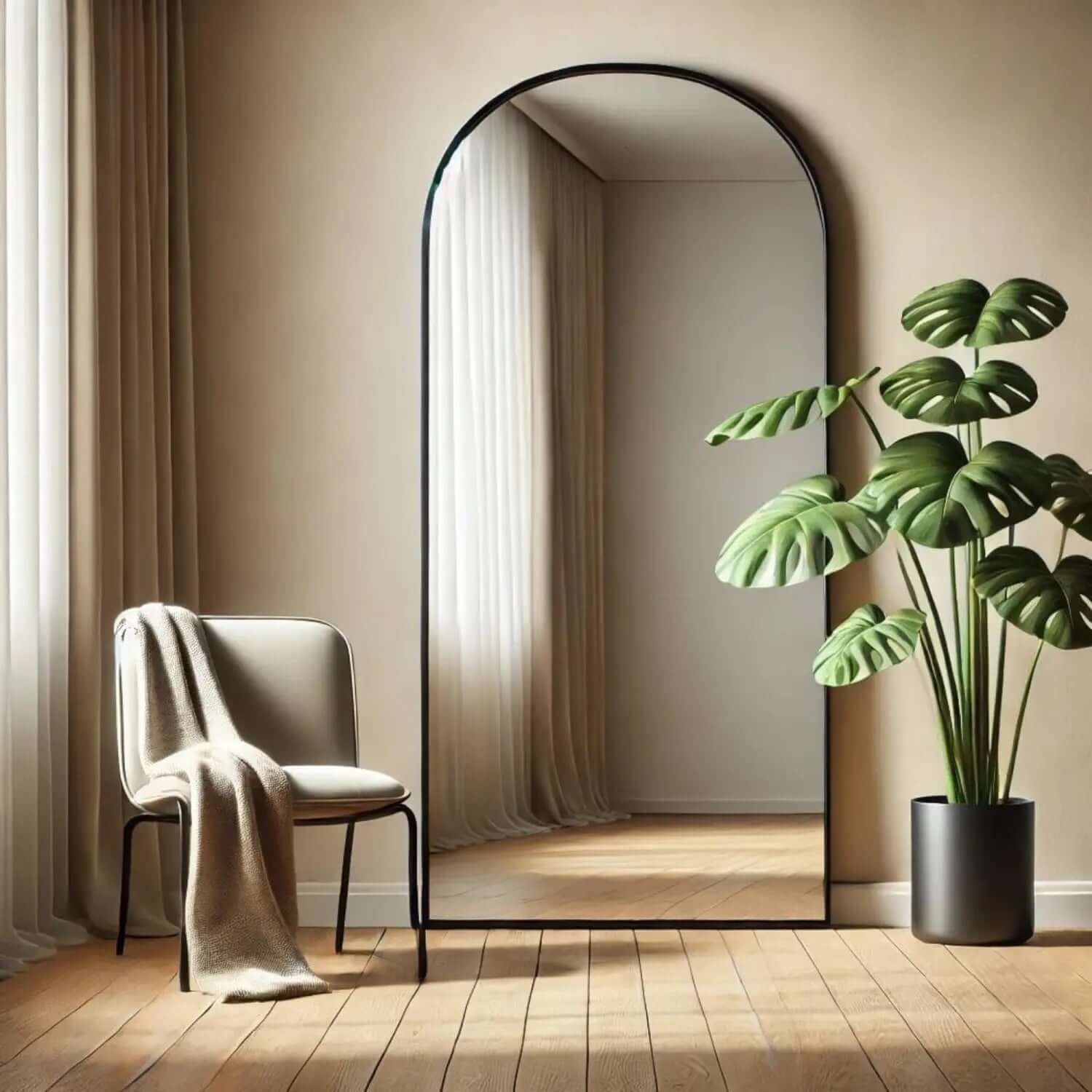 Arched floor mirror with a minimalist black frame.