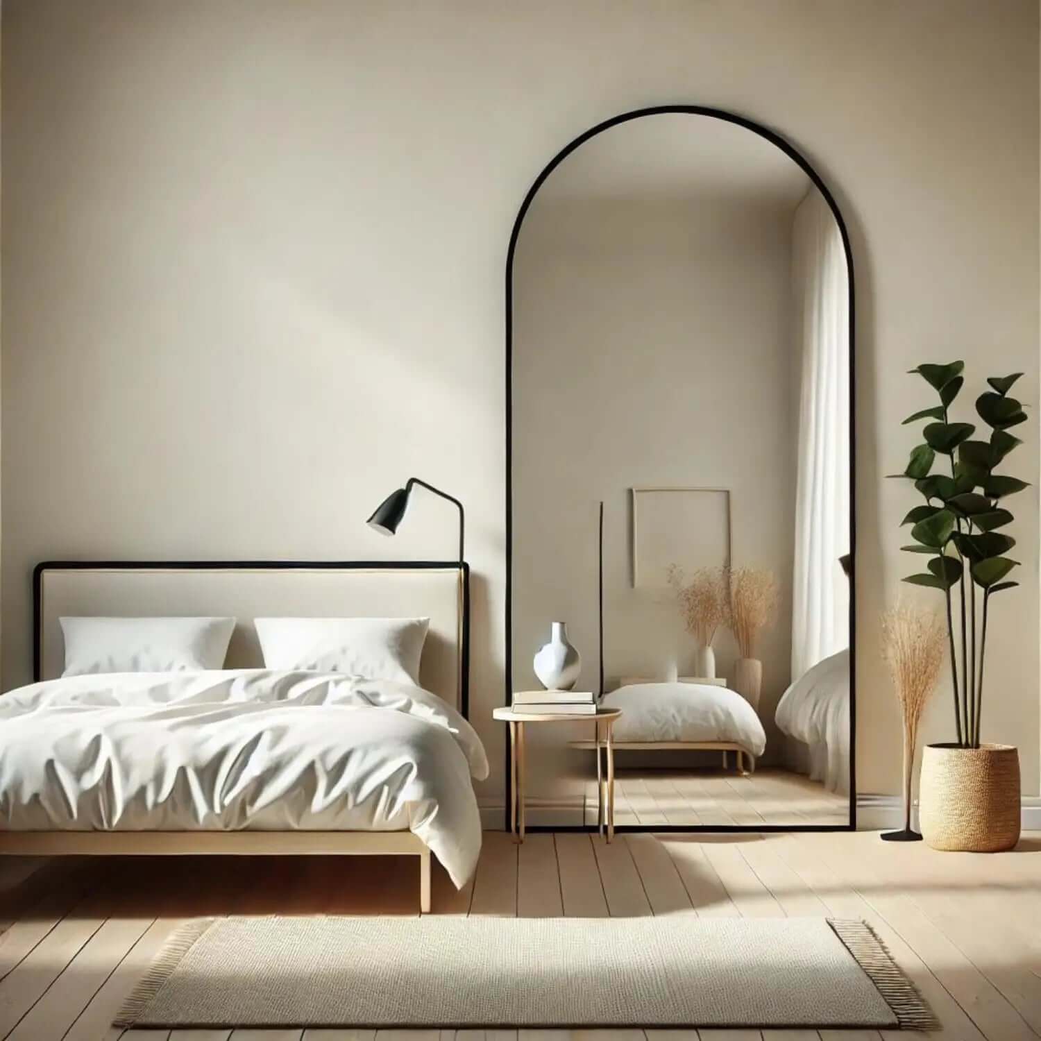 Arched floor mirror beside a bed in a minimalist bedroom.