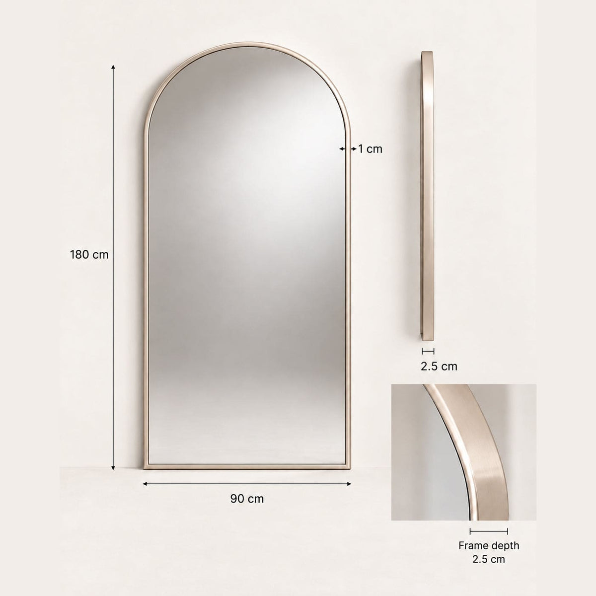 Akiko Champagne Gold arched full length mirror, 180cm x 90cm