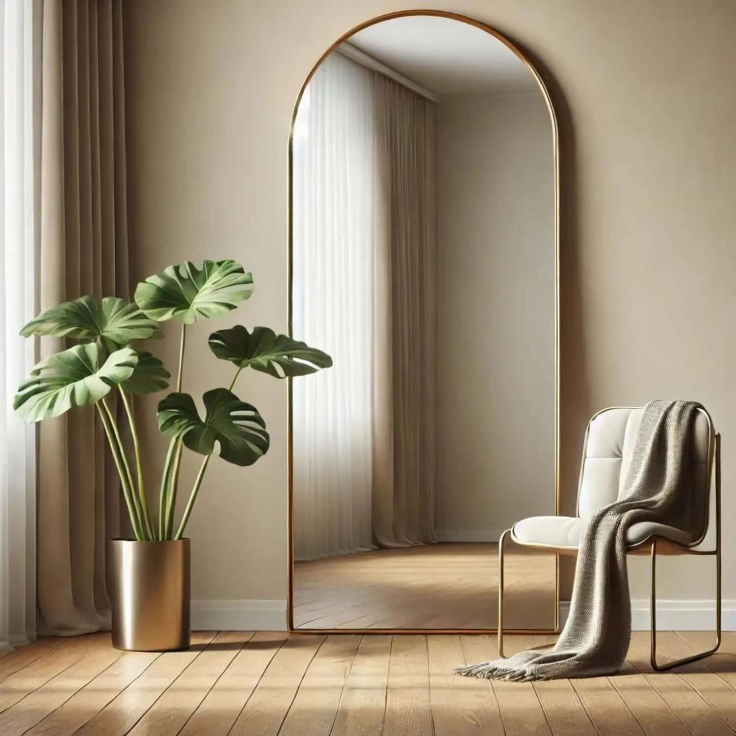 Arched gold-framed floor mirror with a slim metallic border.