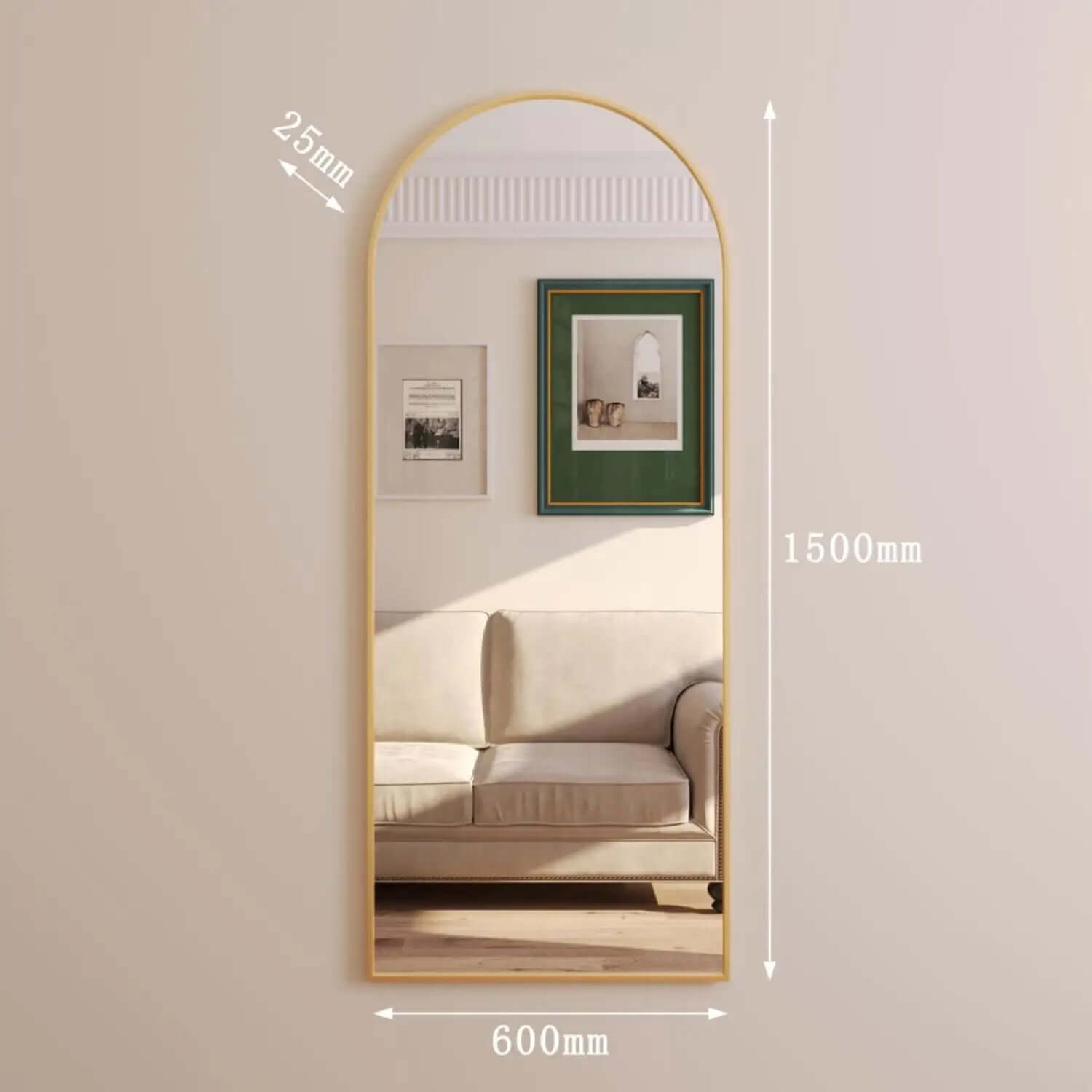 Arched wall mirror with a thin gold frame.