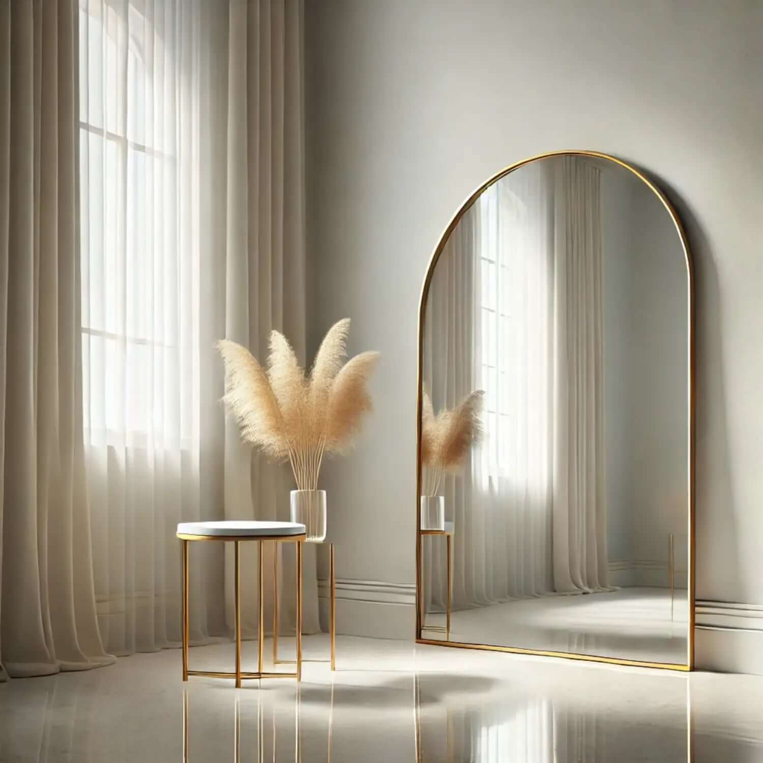 Arched gold-framed mirror with elegant curved lines.