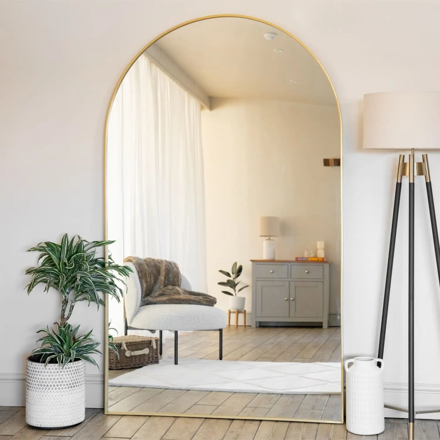 Akiko 200x120cm gold arched mirror styled as a feature mirror