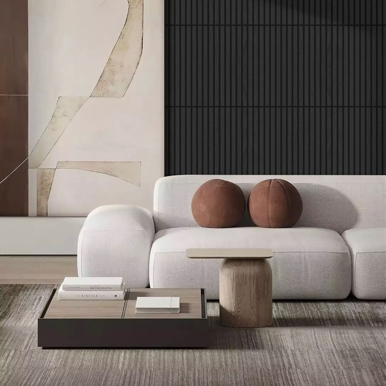 Plush white curved sofa with rounded brown cushions.