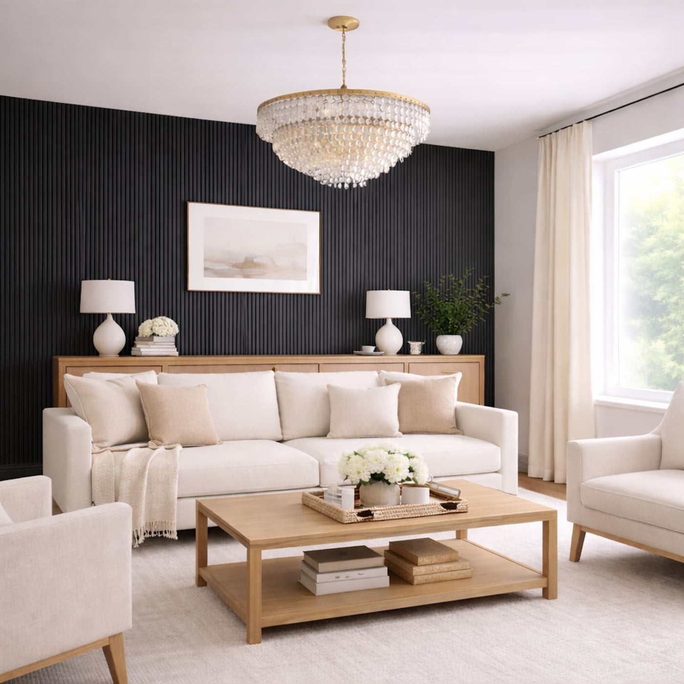 Living room with black wall panels