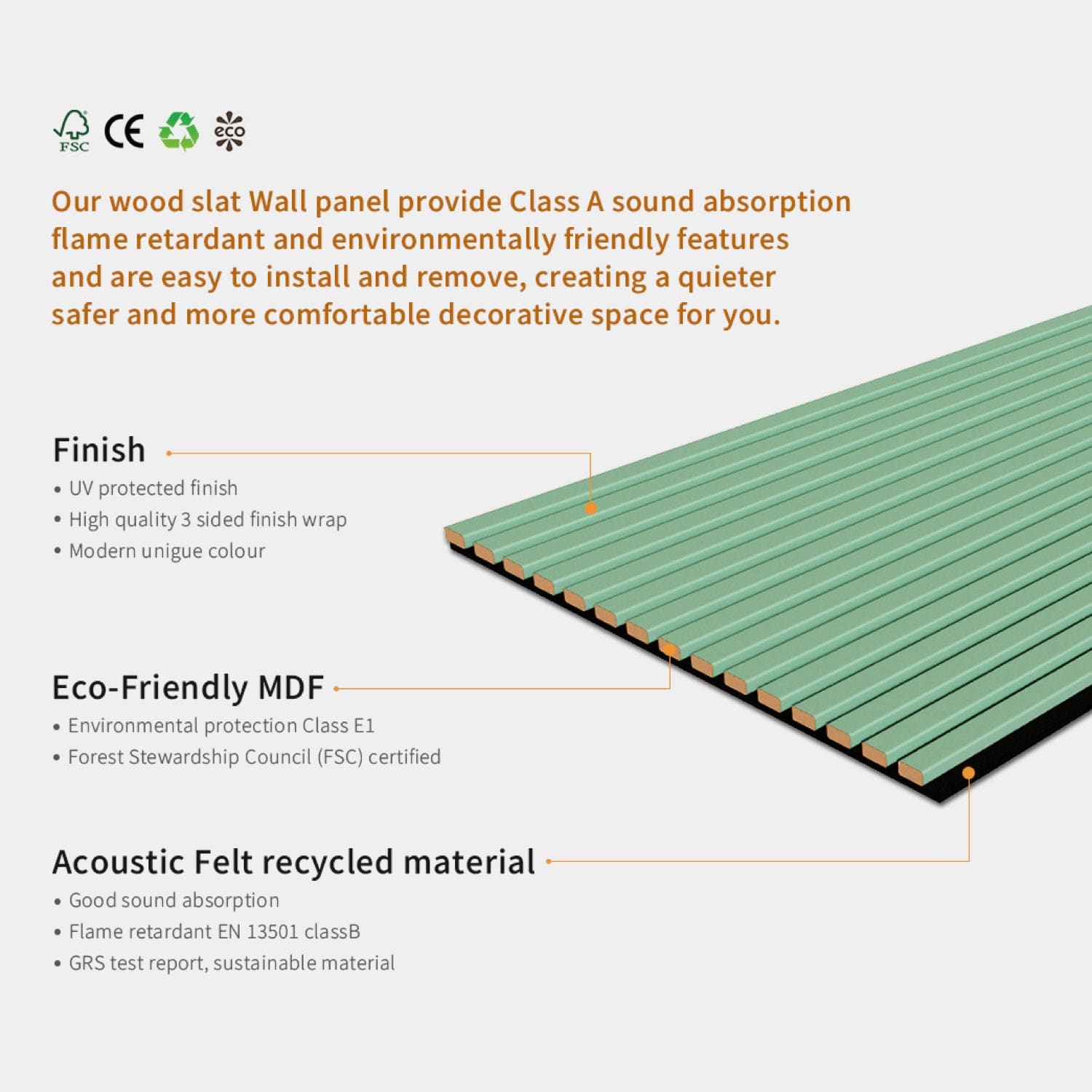 Wood slat wall panel with sound absorption and flame retardant features.
