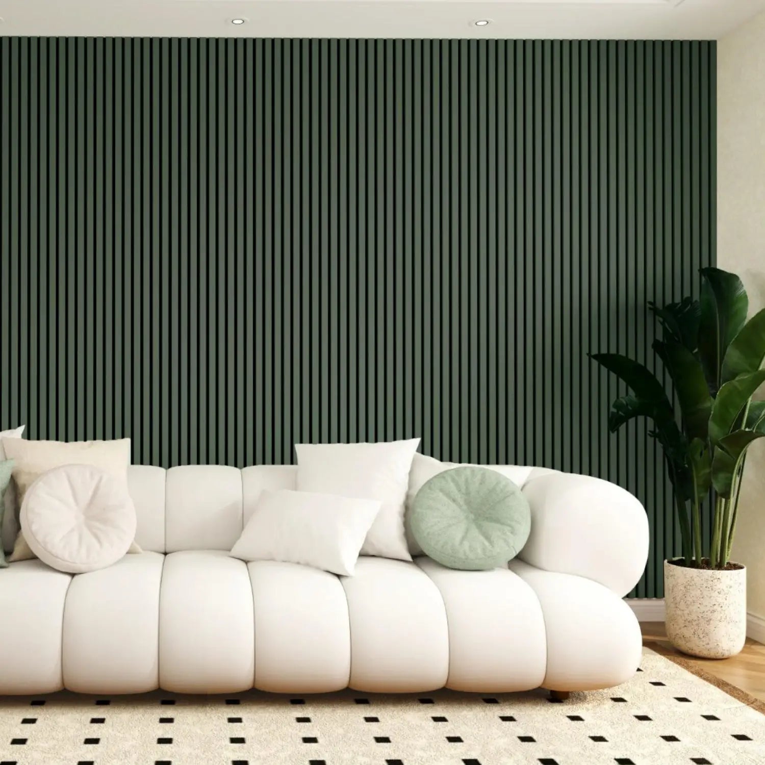 A plush white sofa with rounded cushions