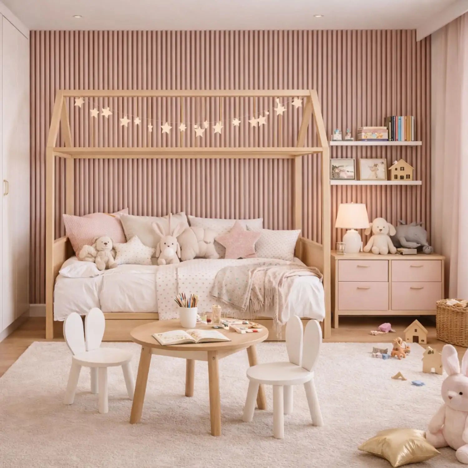 A cozy, light wood house-shaped bed with soft pink and white bedding.