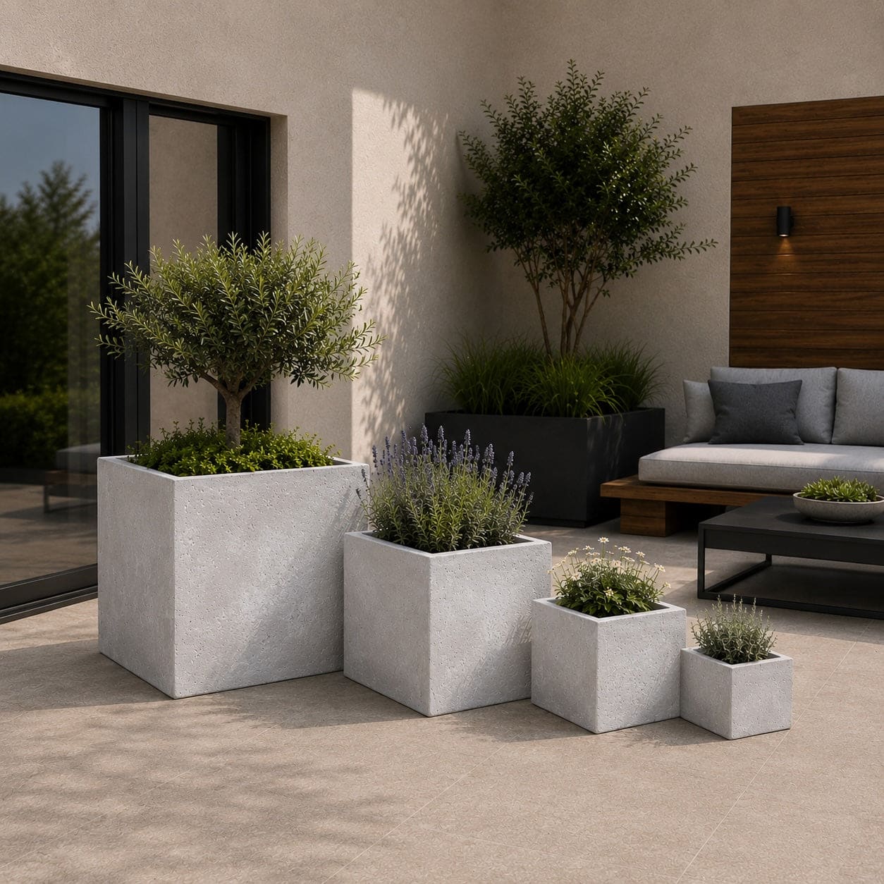 Cubrosa | Set Of 4 - Truffle – Concrete Square Planters Set – Cube Plant Pots Nest
