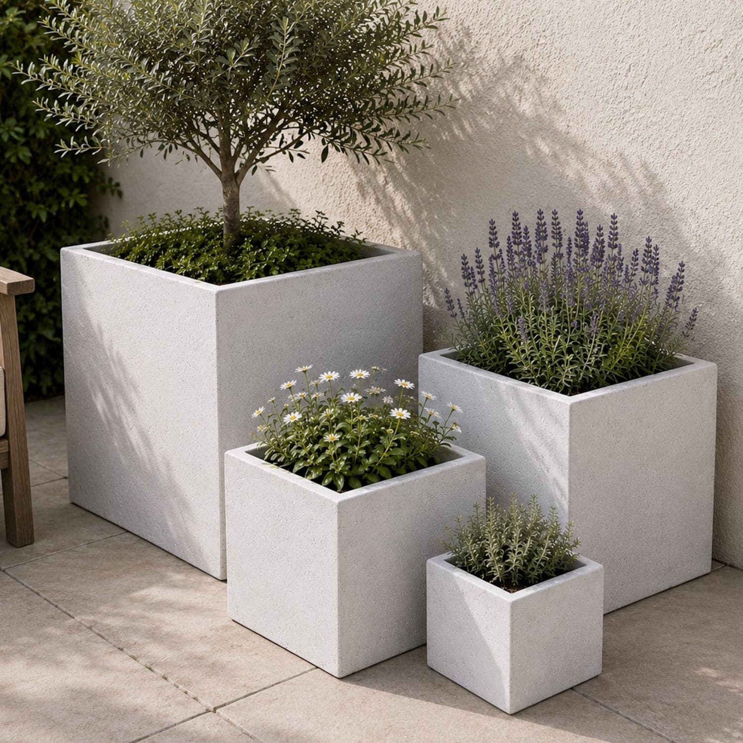 Cubrosa | Set Of 4 - White Mist – Concrete Square Planters Set – Cube Plant Pots Nest