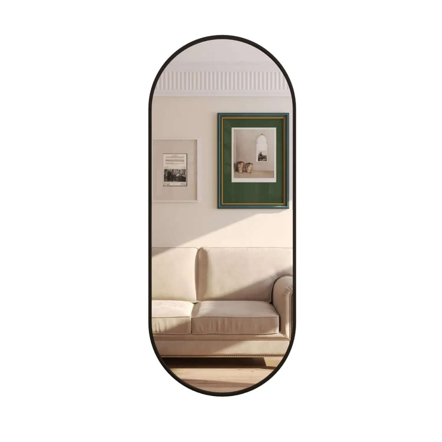 Oval-shaped mirror with a black frame.