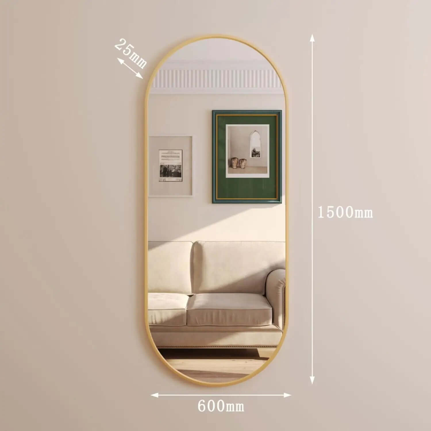 Oval-shaped mirror with a gold metallic frame.