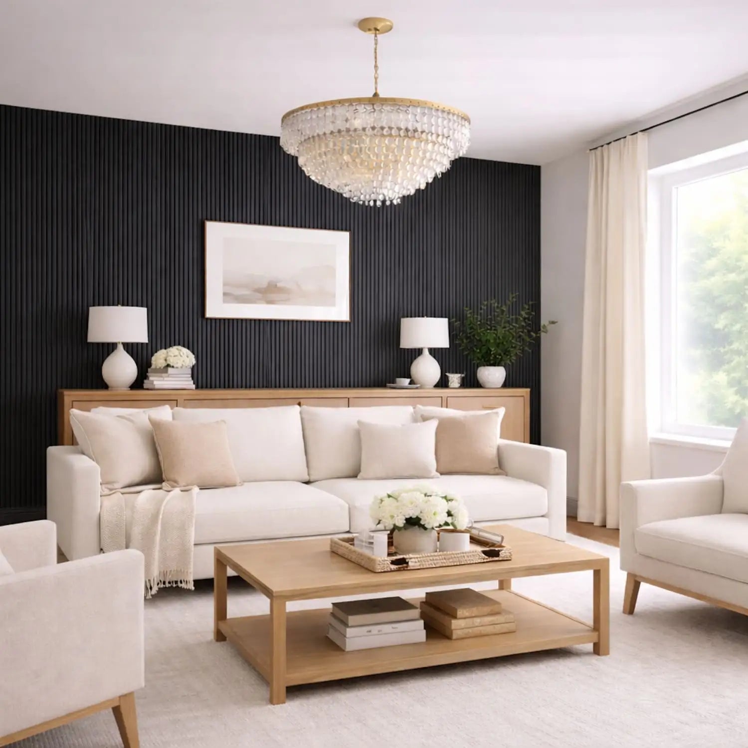 A gold-toned chandelier with cascading crystal droplets hangs from the ceiling.