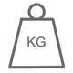 Gray scale weight icon with ’kg’ label and loop handle design.