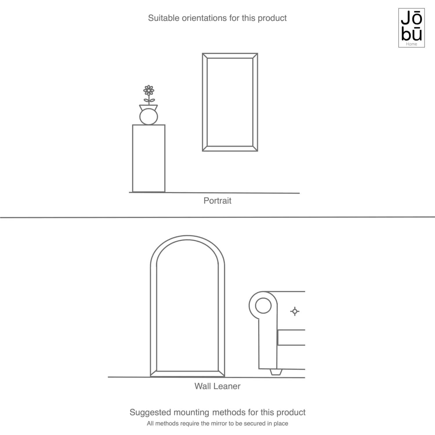 Simple line drawing showing mounting orientations and installation methods for wall decor.